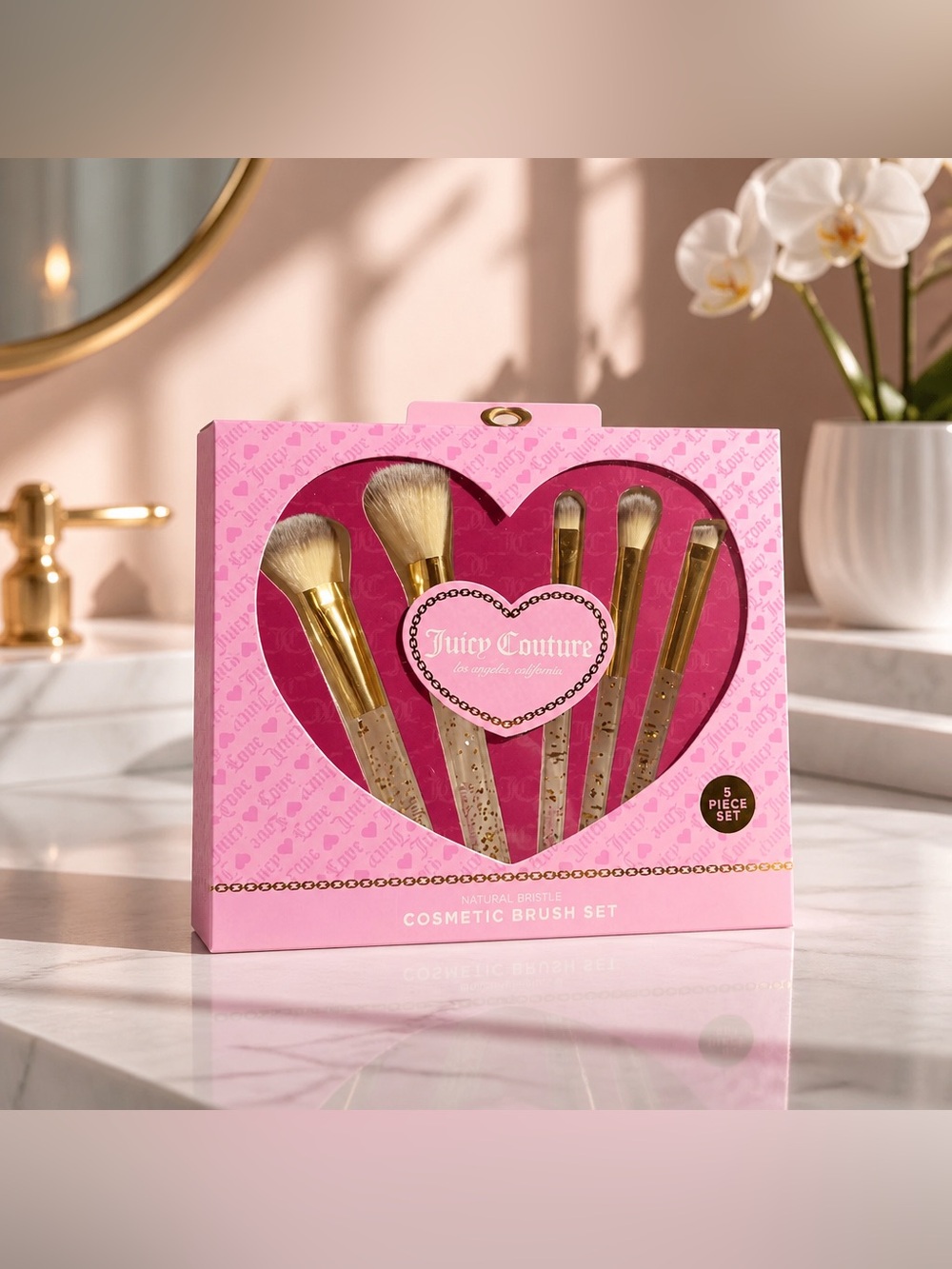 Juicy Couture 5 Piece Cosmetic Brush Set Pink Gold NWT